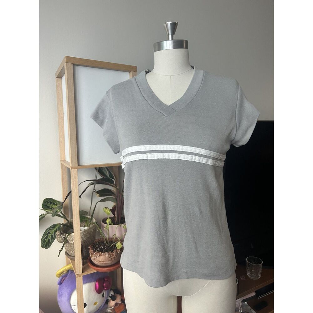 Vintage Gray V Neck T Shirt White Striped Cheer Made in USA Flaw